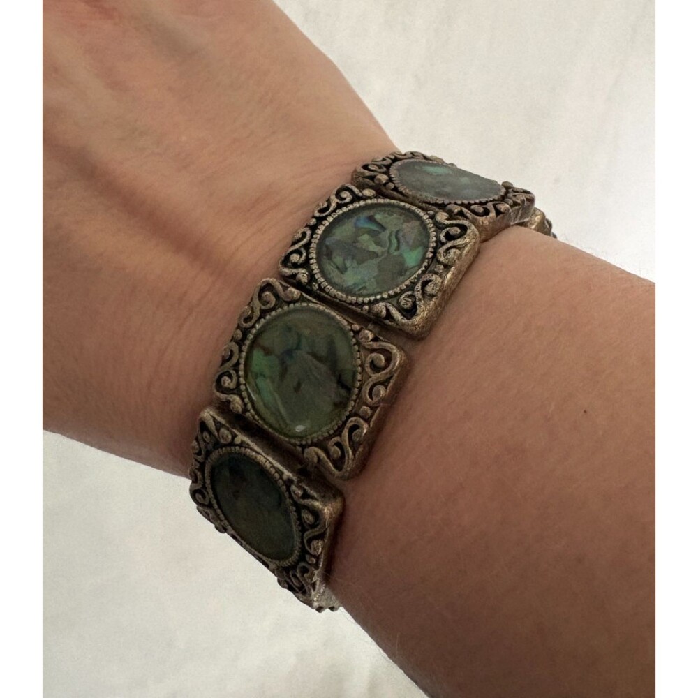 Vintage Silver Tone Metal ABALONE SHELL Stretch Panel Bracelet